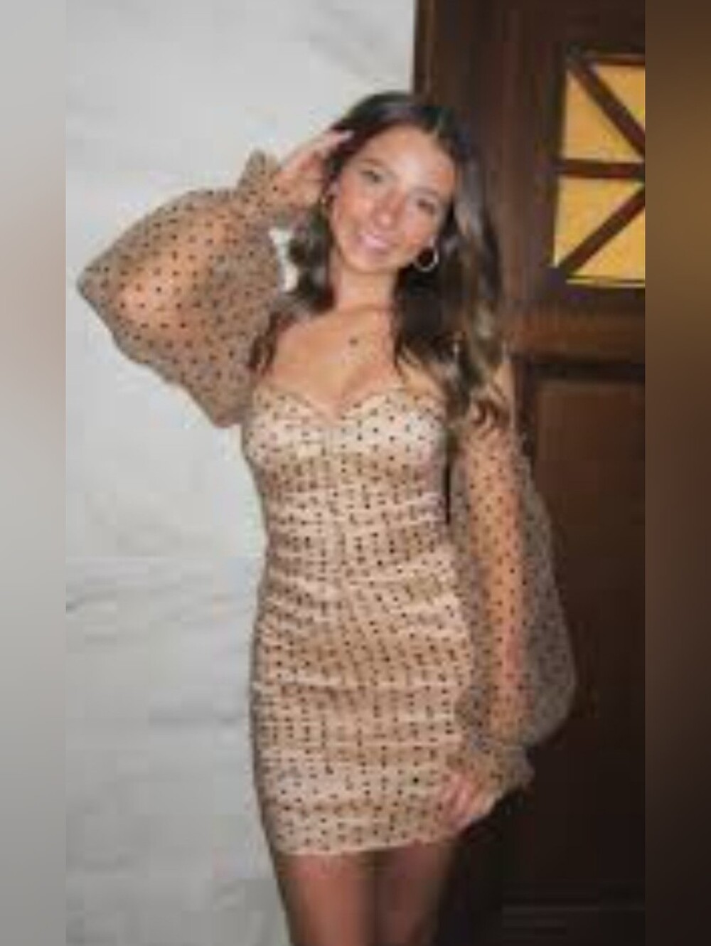 MAJORELLE Beige Polka Dot Sheer Puff Sleeve Mini Dress